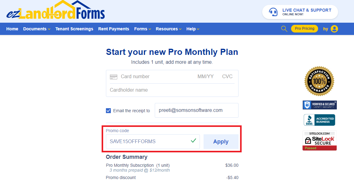 Coupon verification screenshot on EzLandlordForms