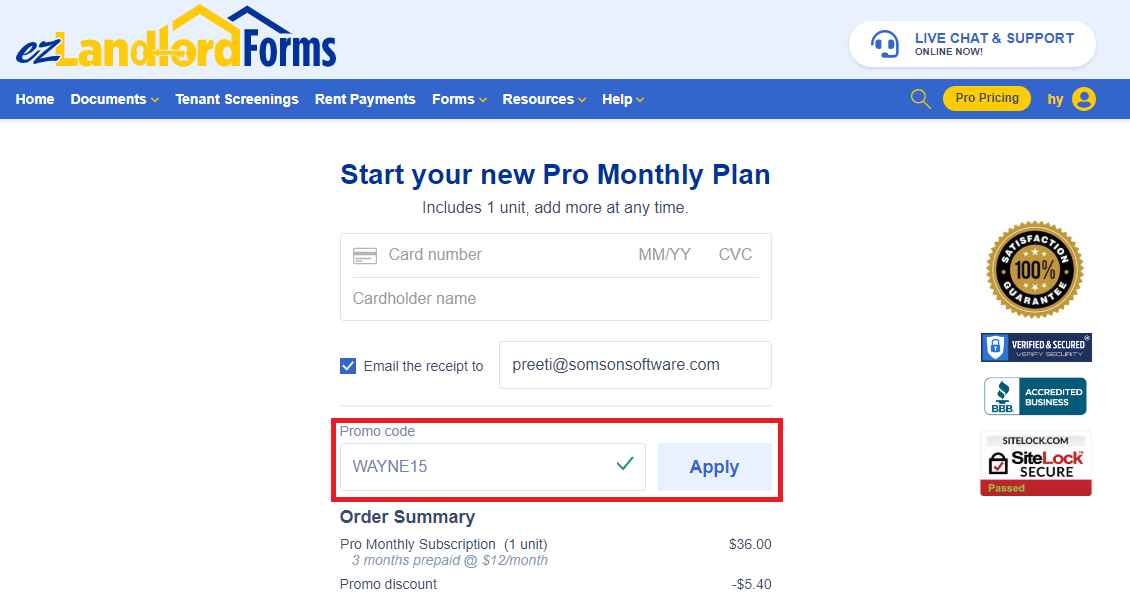 Coupon verification screenshot on EzLandlordForms