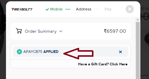 Coupon verification screenshot on Fire Boltt