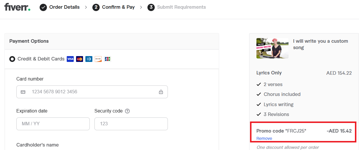 Screenshot of tested coupon for Fiverr