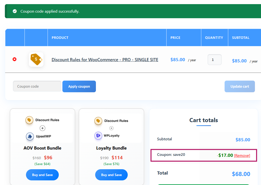 Screenshot of tested coupon for Flycart
