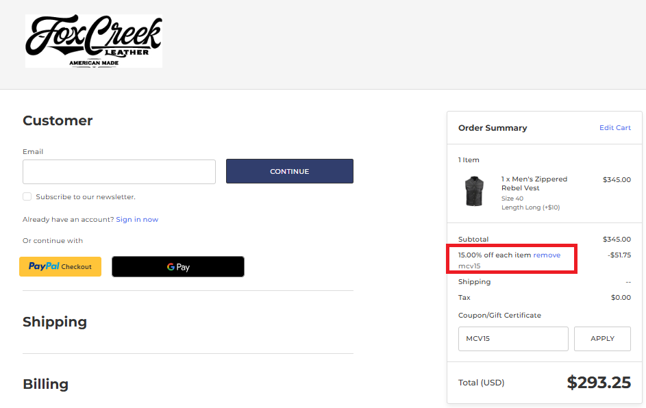 Coupon verification screenshot on Fox Creek Leather