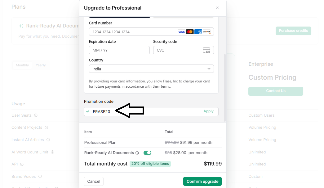 Coupon verification screenshot on Frase.io
