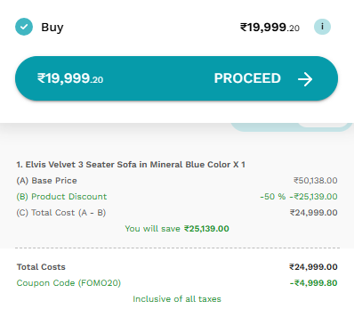 Coupon verification screenshot on Furlenco