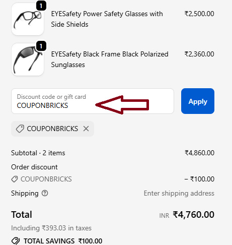 Coupon verification screenshot on Glasses India