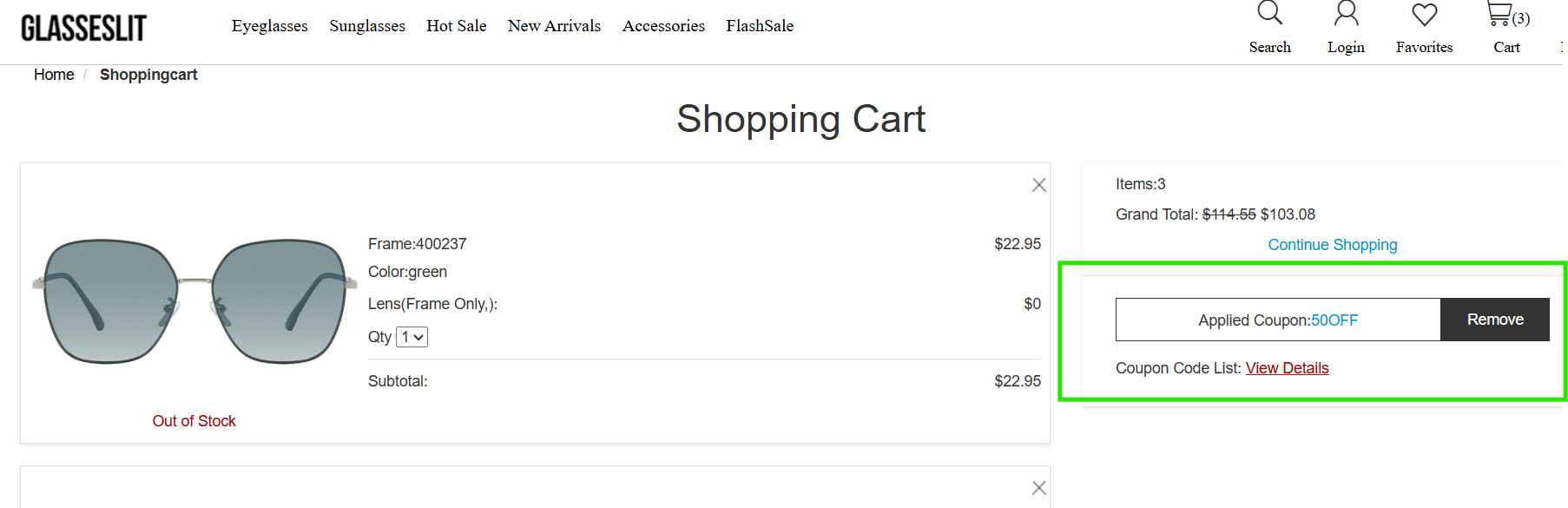 Screenshot of tested coupon for Glasseslit
