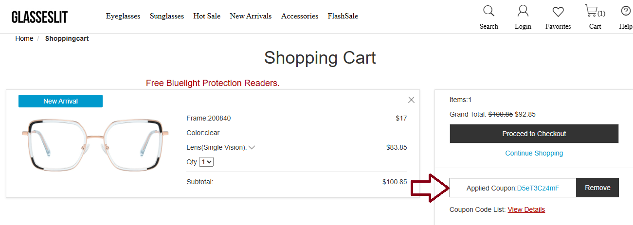 Screenshot of tested coupon for Glasseslit