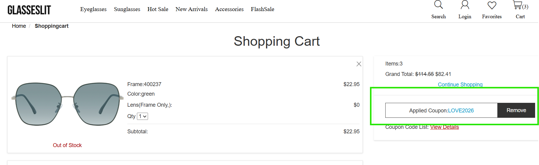 Screenshot of tested coupon for Glasseslit