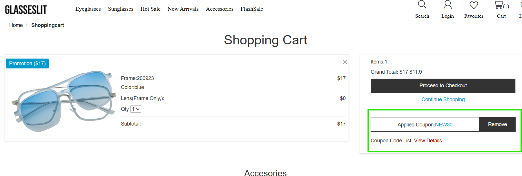 Screenshot of tested coupon for Glasseslit