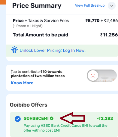 Coupon verification screenshot on Goibibo