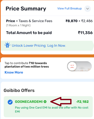 Coupon verification screenshot on Goibibo