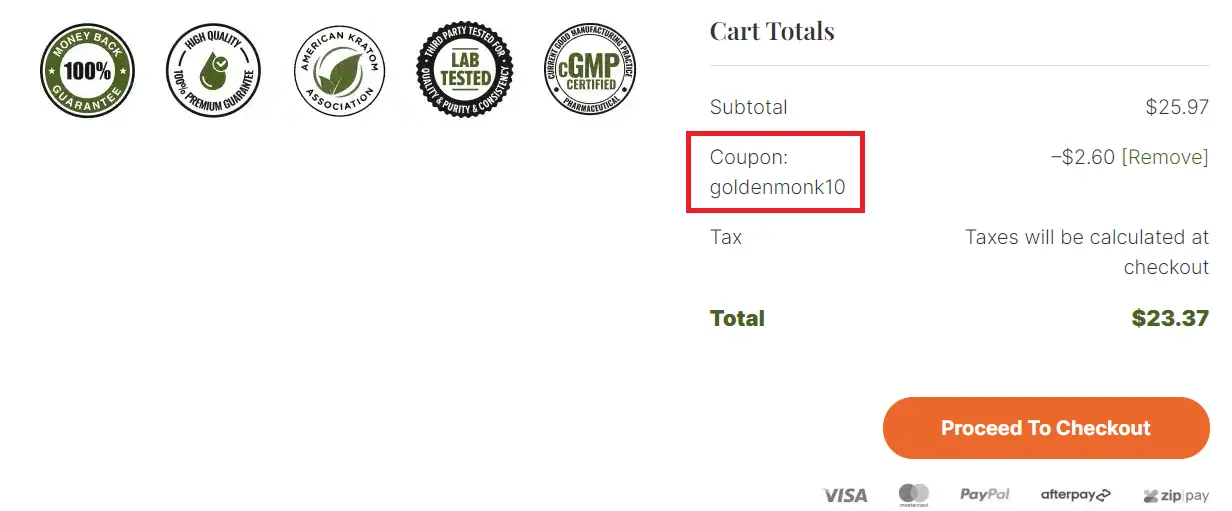 Coupon verification screenshot on Golden Monk