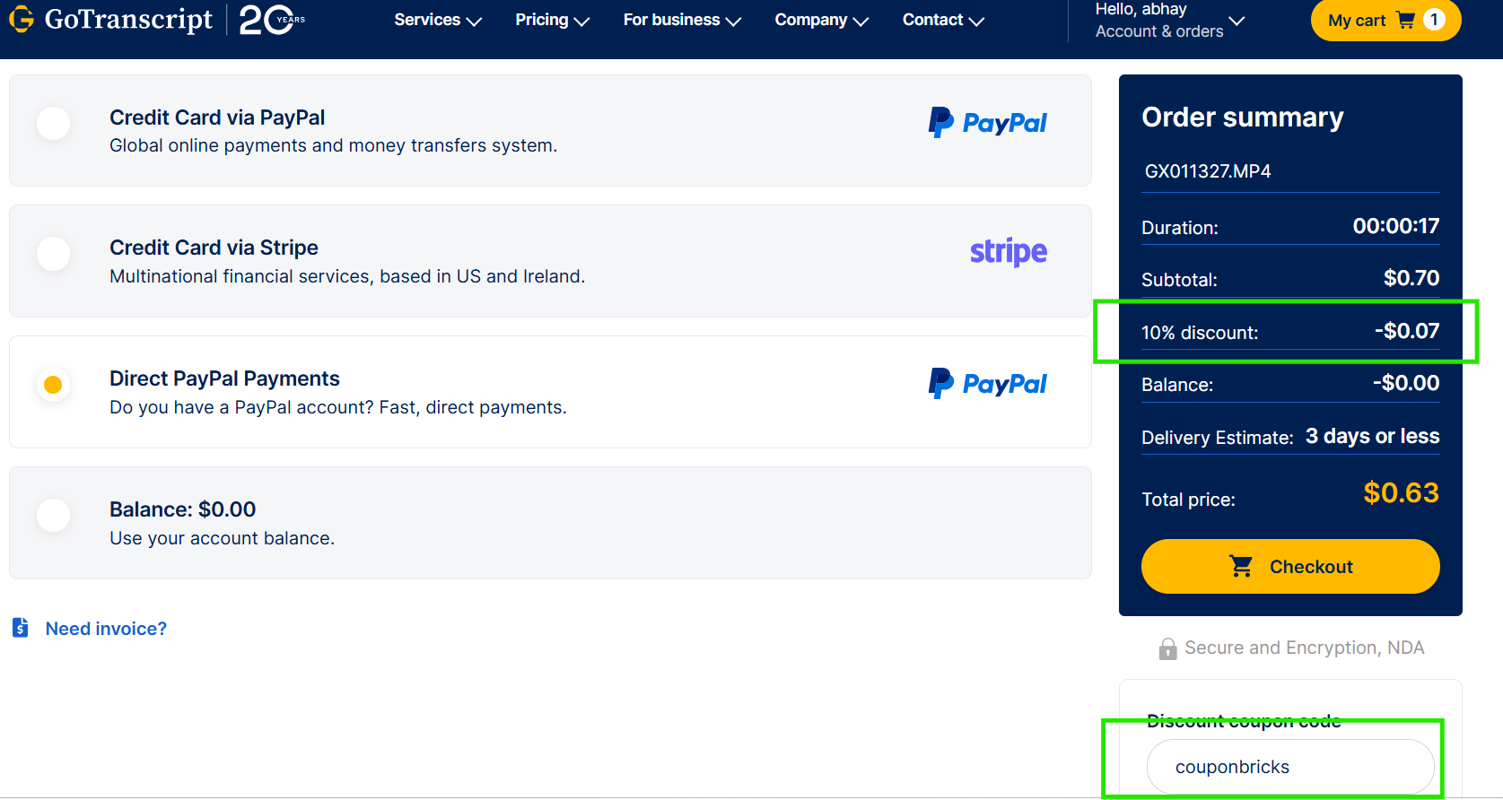 Coupon verification screenshot on GoTranscript