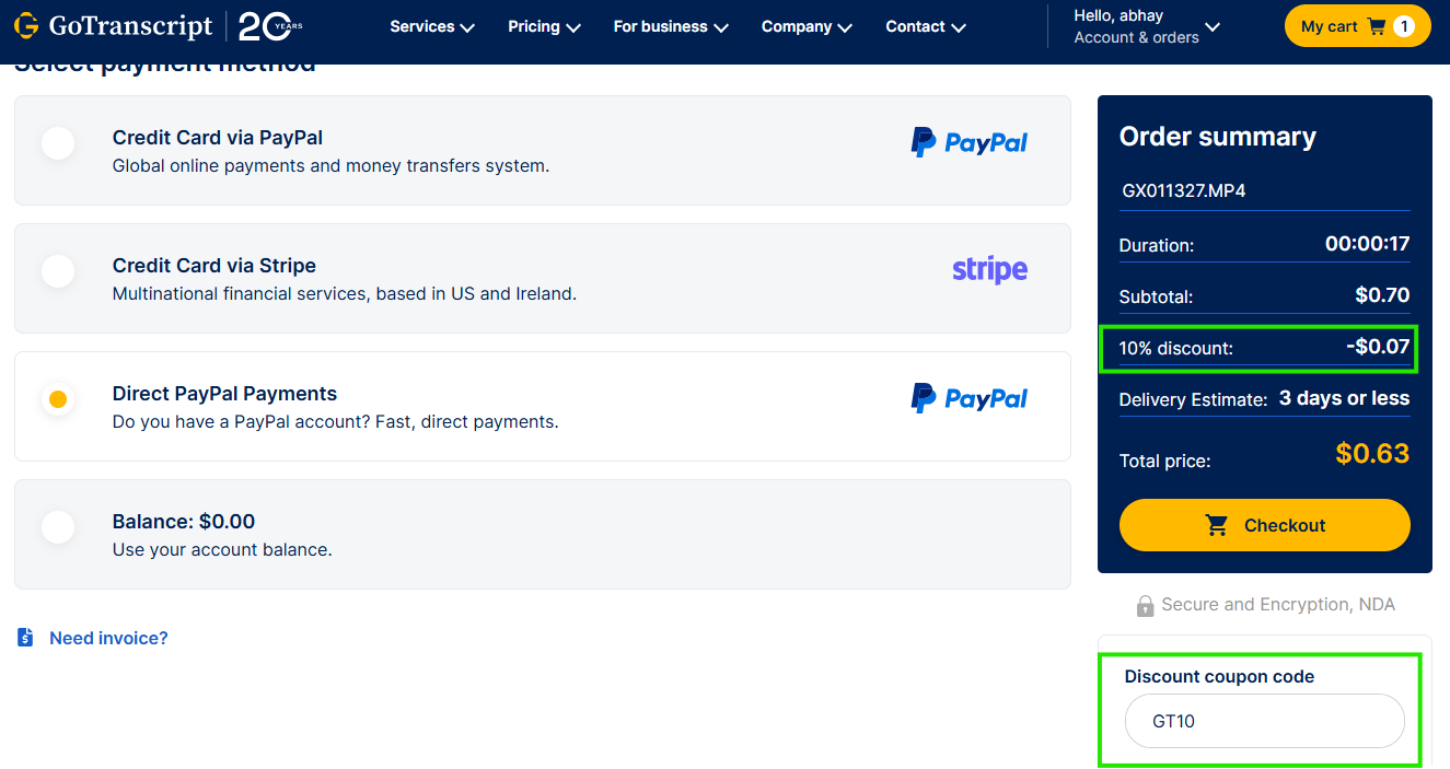 Coupon verification screenshot on GoTranscript