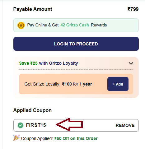 Coupon verification screenshot on Gritzo