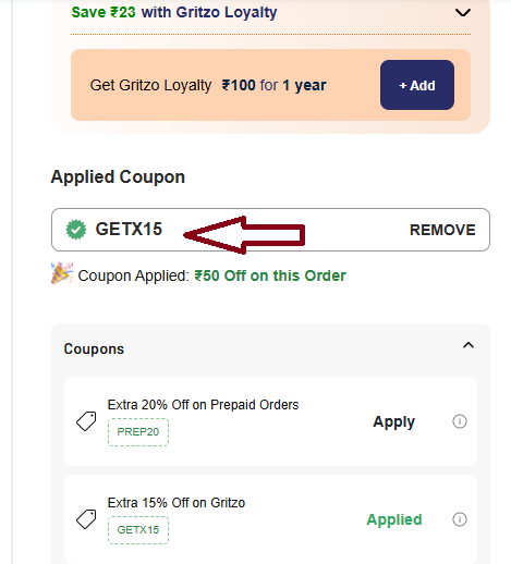Coupon verification screenshot on Gritzo
