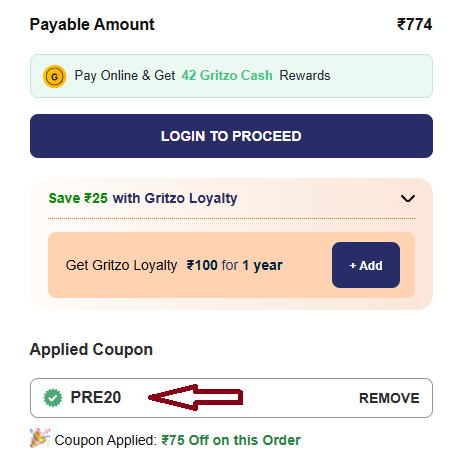 Coupon verification screenshot on Gritzo