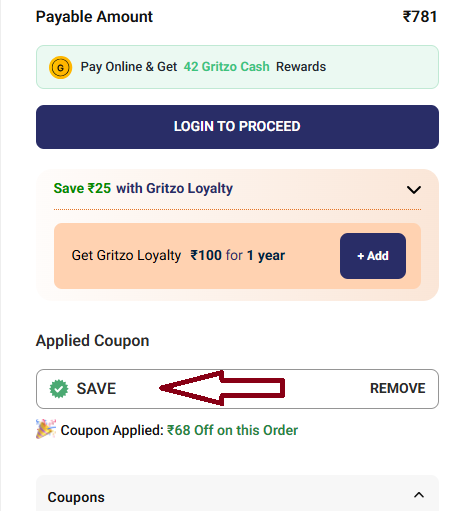 Coupon verification screenshot on Gritzo