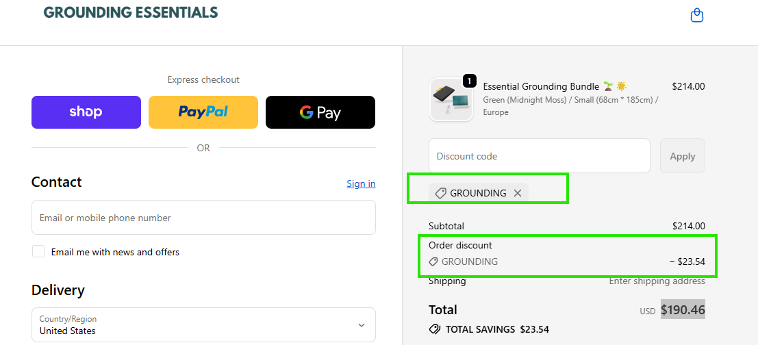 Screenshot of tested coupon for Grounding Essentials