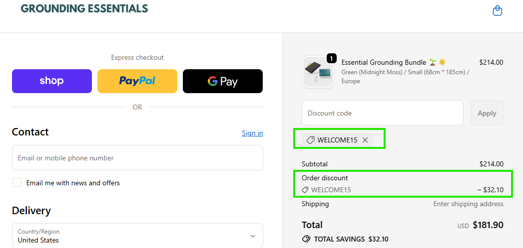 Screenshot of tested coupon for Grounding Essentials