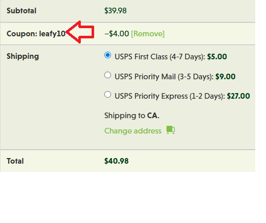 Coupon verification screenshot on Happy Go Leafy