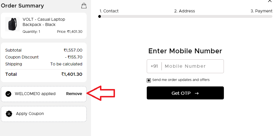 Screenshot of tested coupon for Harissons Bags