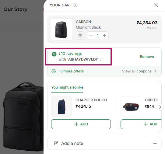 Screenshot of tested coupon for Harissons Bags