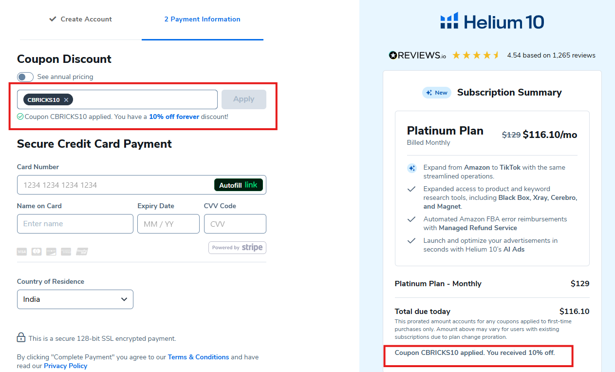 Coupon verification screenshot on Helium 10
