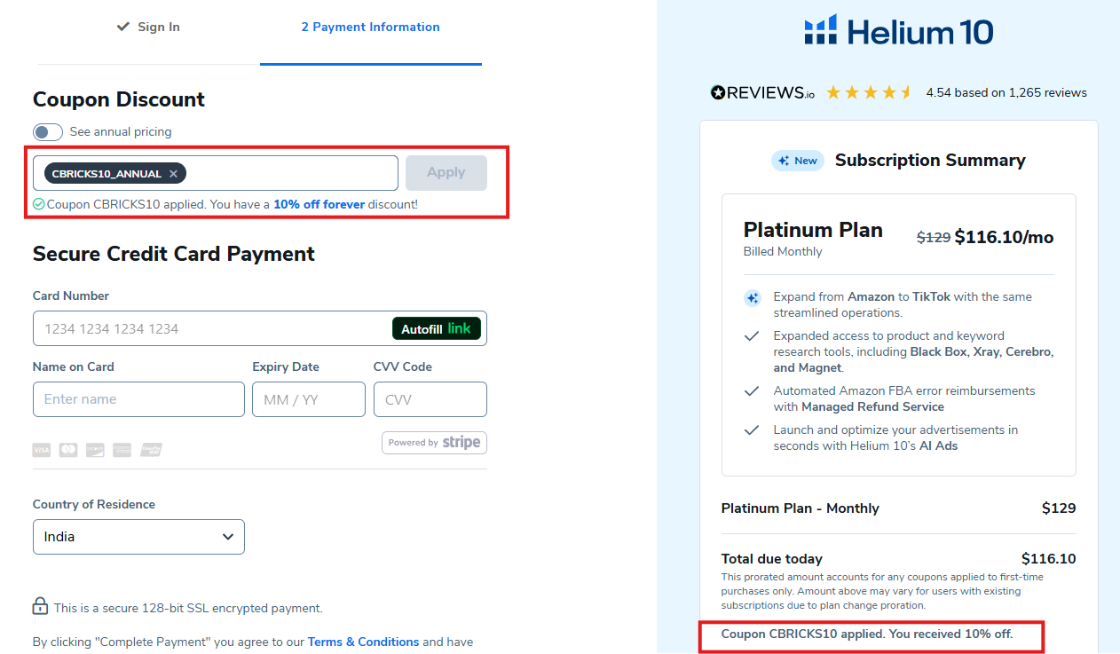 Screenshot of tested coupon for Helium 10