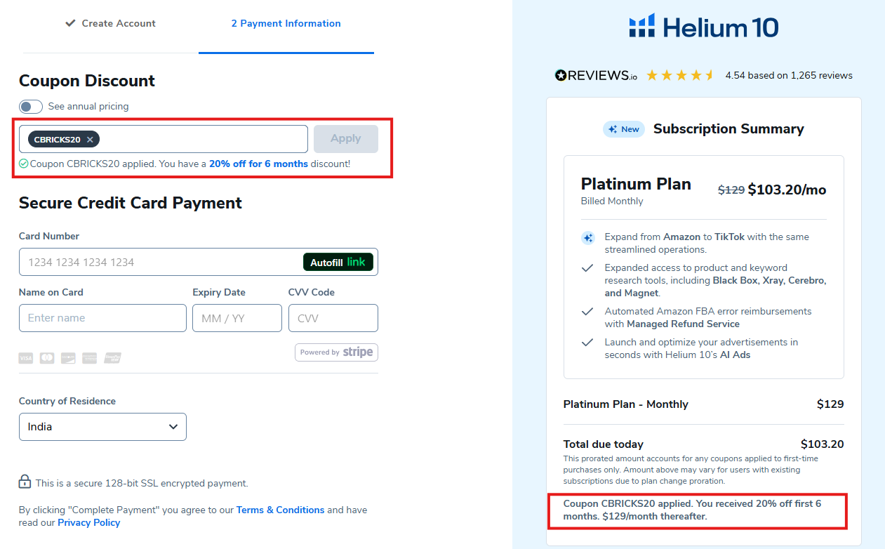 Coupon verification screenshot on Helium 10
