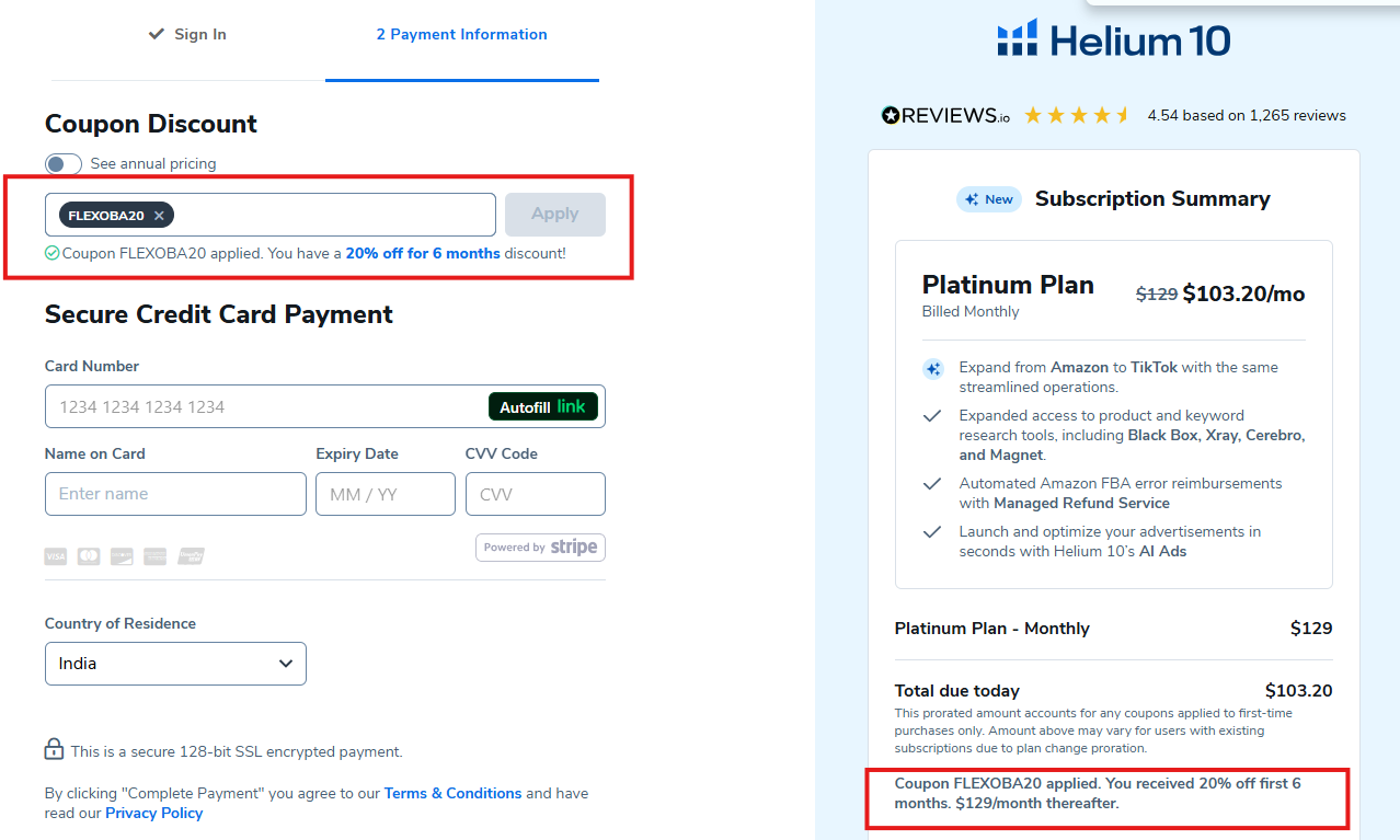 Screenshot of tested coupon for Helium 10