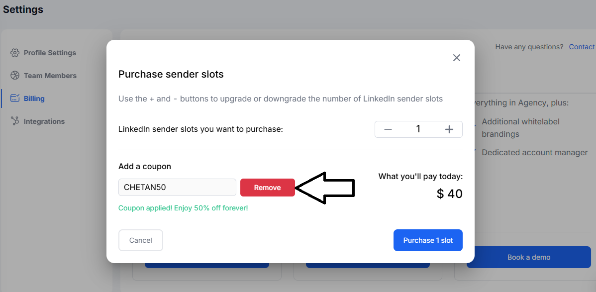 Screenshot of tested coupon for HeyReach