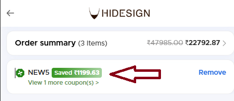 Coupon verification screenshot on Hidesign