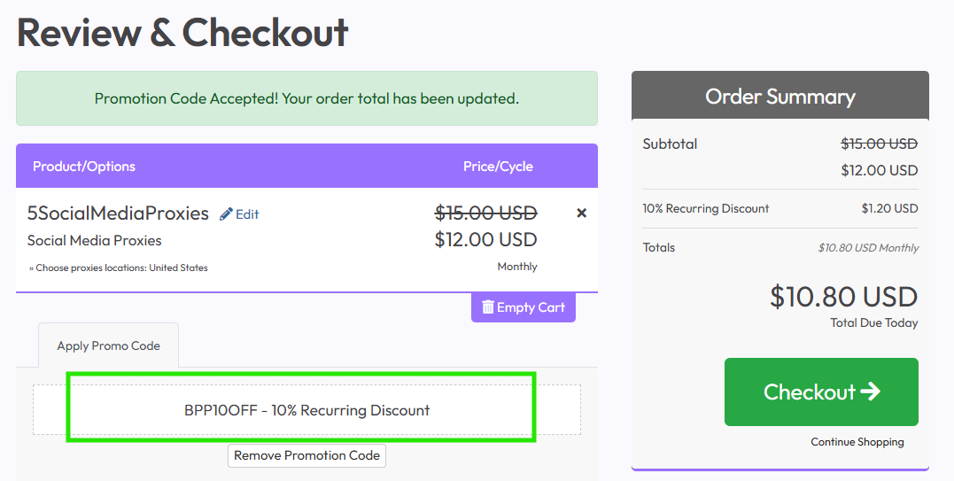 Coupon verification screenshot on High Proxies