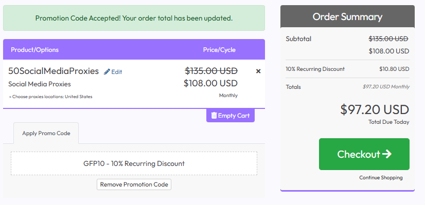 Coupon verification screenshot on High Proxies