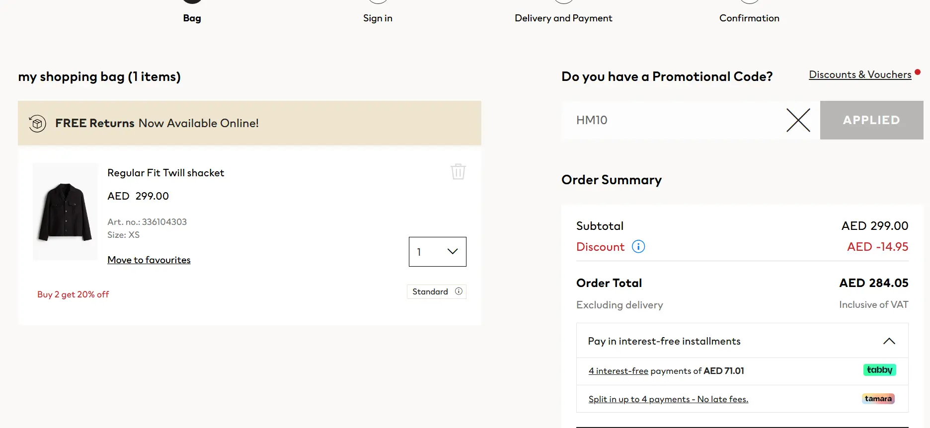 Coupon verification screenshot on H&M