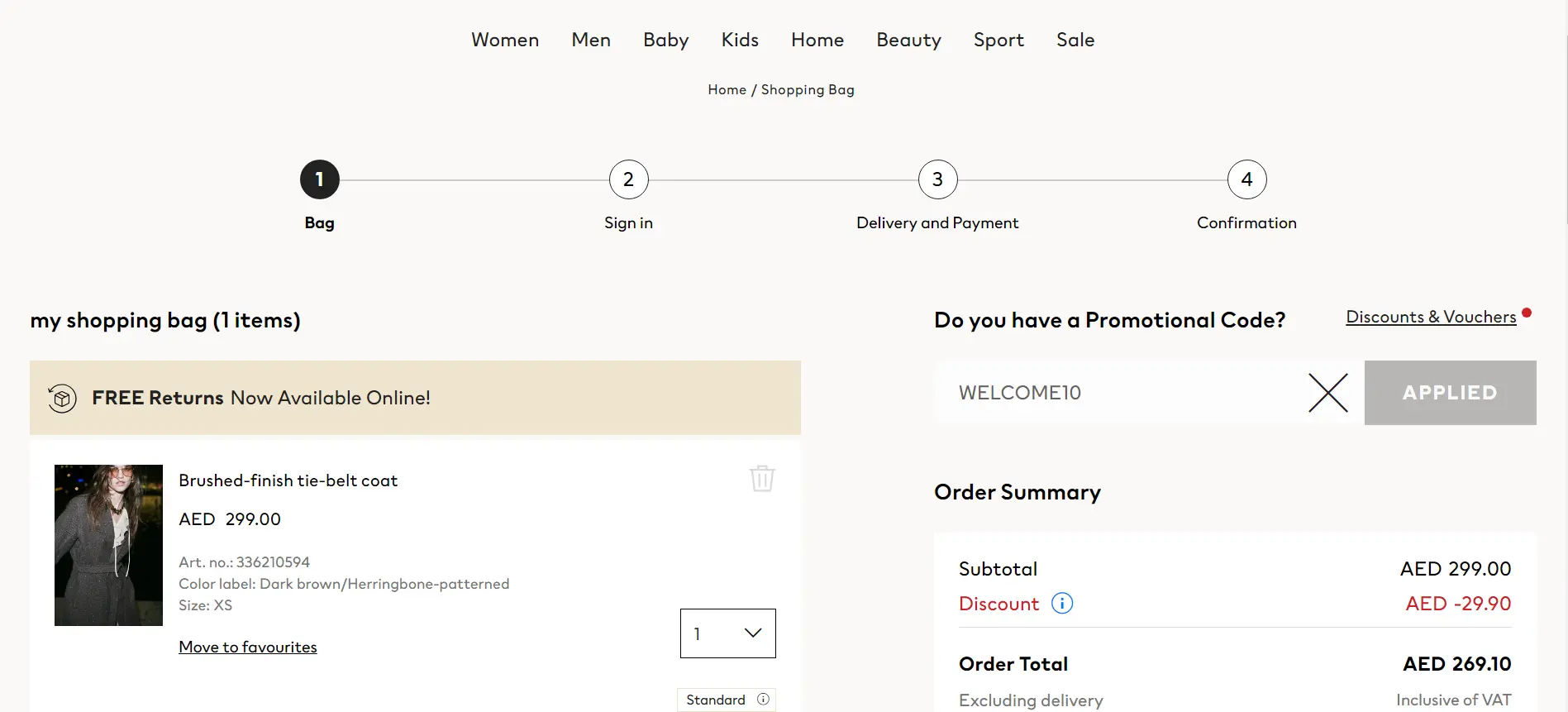 Coupon verification screenshot on H&M