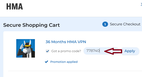 Screenshot of tested coupon for HMA (HideMyAss)