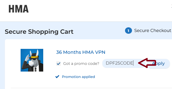 Screenshot of tested coupon for HMA (HideMyAss)