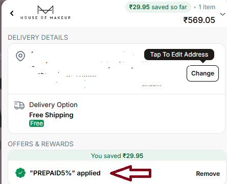 Coupon verification screenshot on House Of Makeup