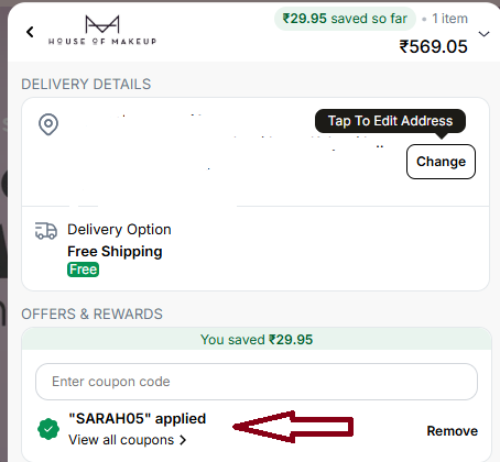 Coupon verification screenshot on House Of Makeup