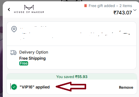 Coupon verification screenshot on House Of Makeup
