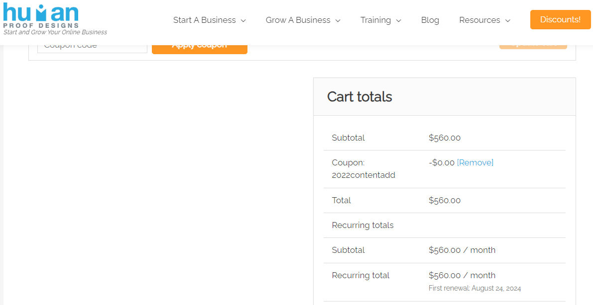 Coupon verification screenshot on Human Proof Designs