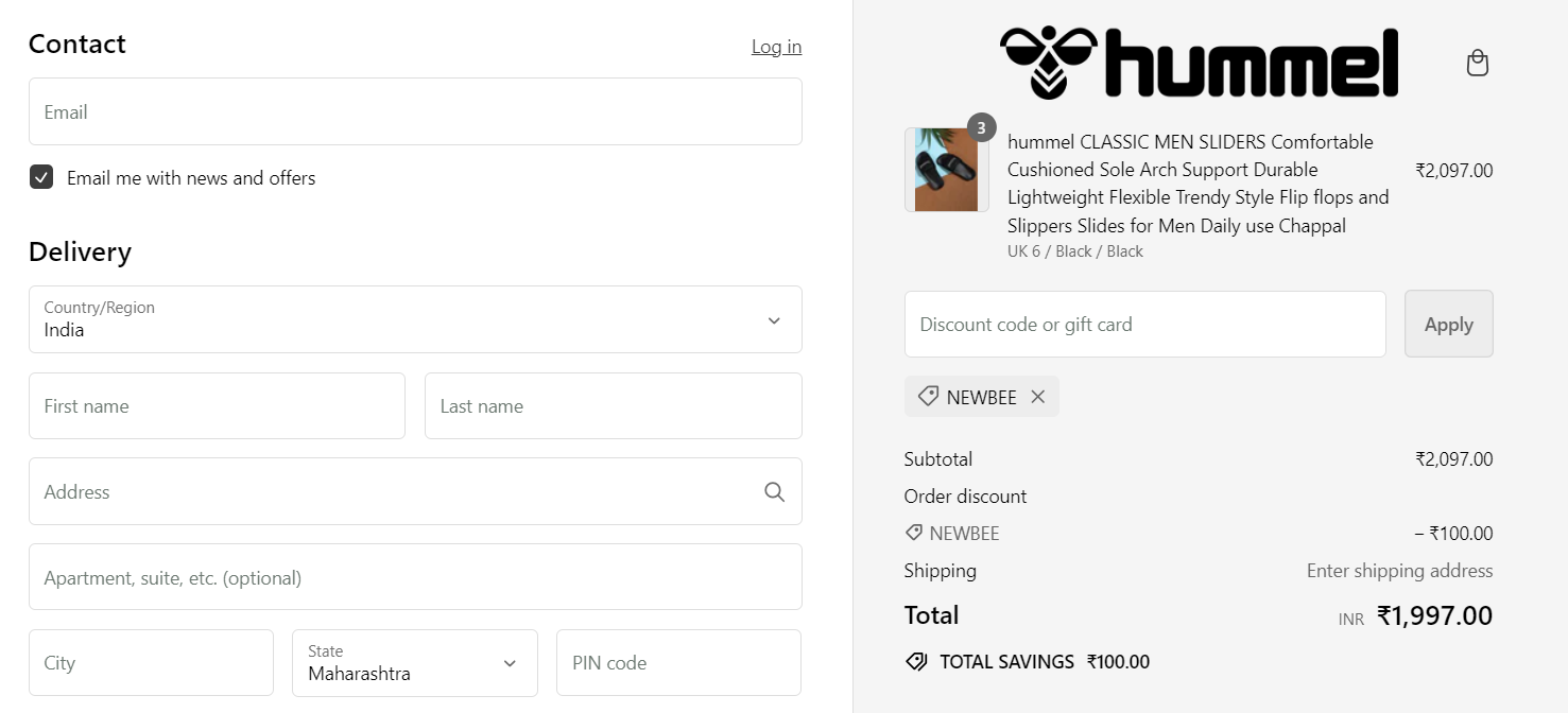 Coupon verification screenshot on Hummel