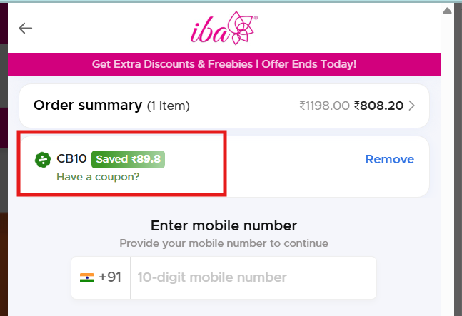Coupon verification screenshot on IBA Cosmetics