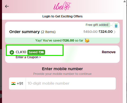 Coupon verification screenshot on IBA Cosmetics
