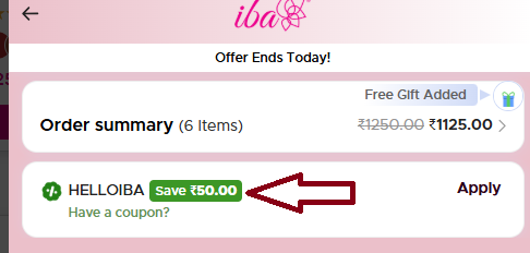 Coupon verification screenshot on IBA Cosmetics