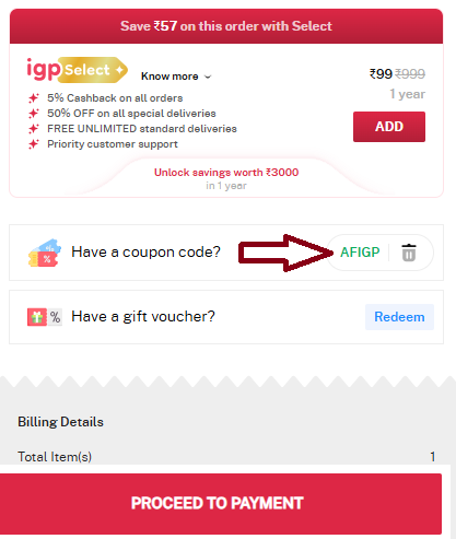 Screenshot of tested coupon for IGP