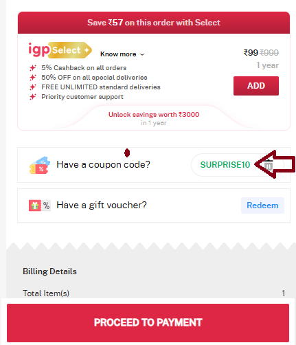 Screenshot of tested coupon for IGP