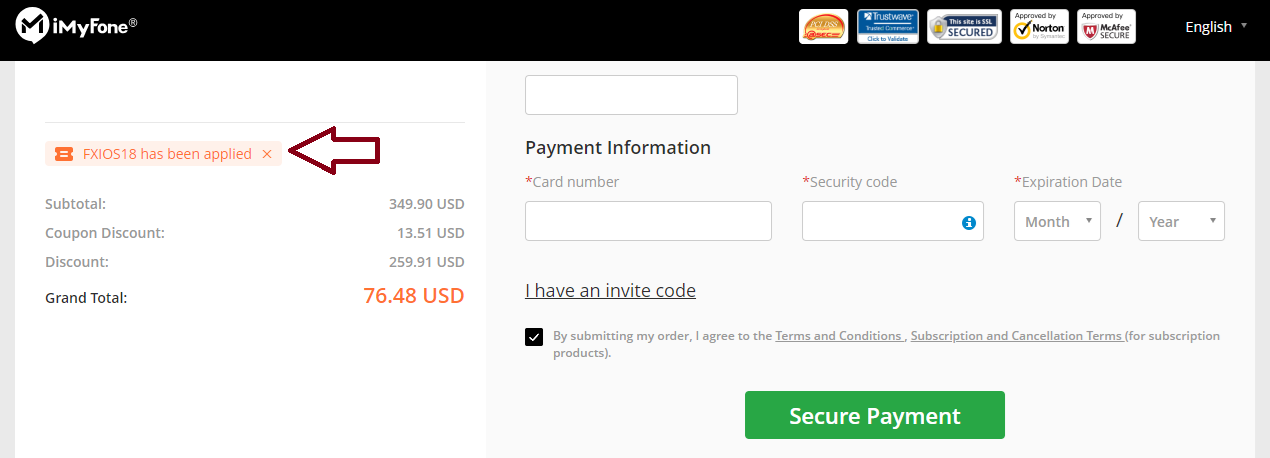 Coupon verification screenshot on IMyFone